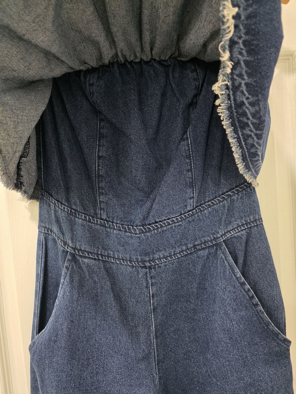 Anthropologie Hei Hei Strapless Tiered Cropped Wide-Leg Denim Jumpsuit Size XS - Picture 7 of 15